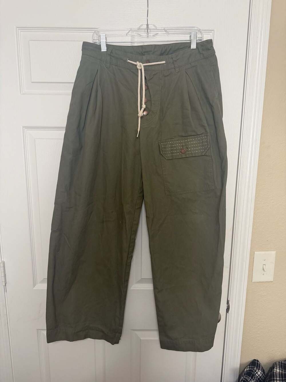 Fried Rice NYC Olive Green Wide-Leg Cargo Pants with Sashiko Stitching - Picture 4 of 6